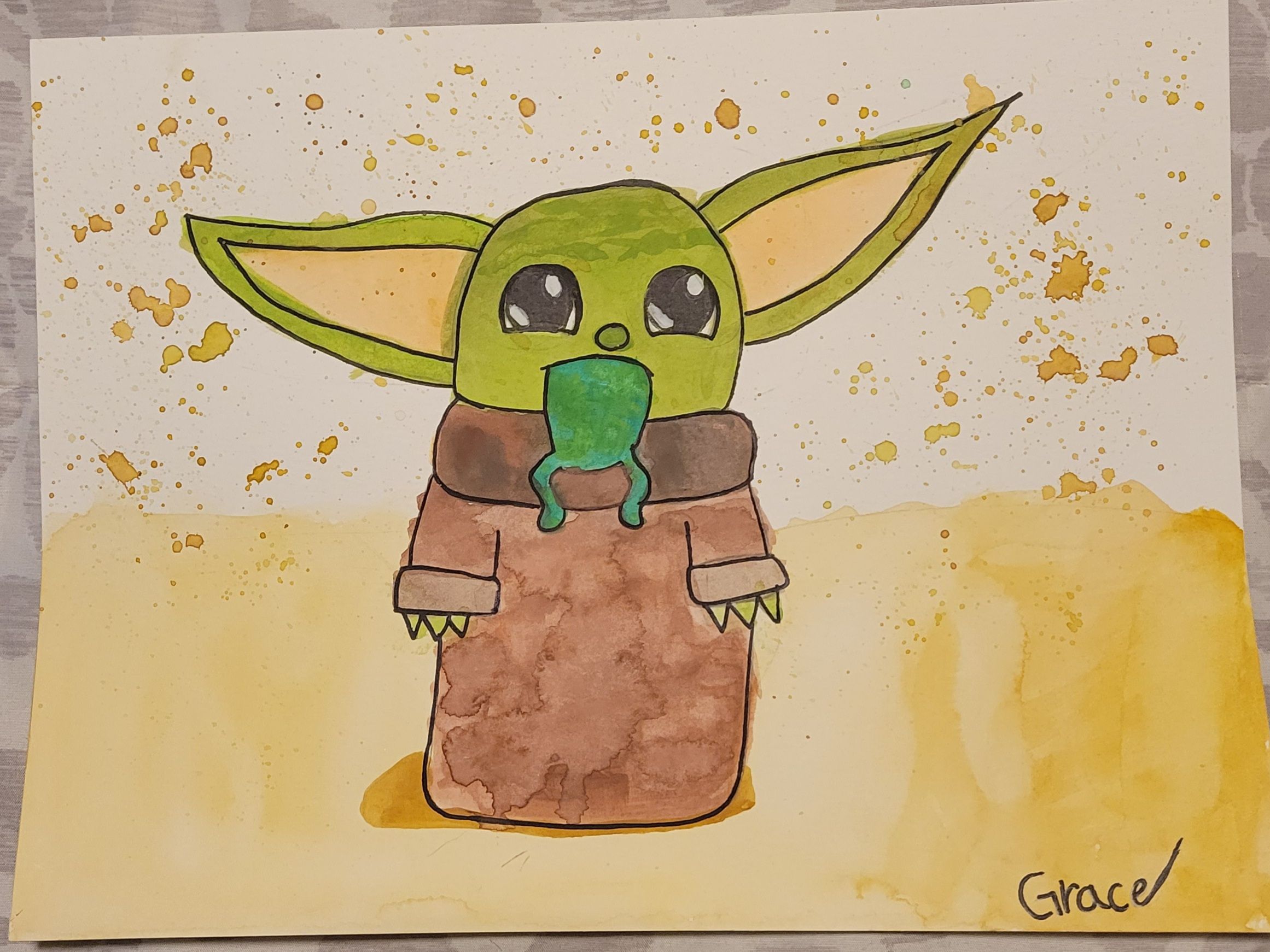 Star Wars Grogu Watercolor Painting Step by Step Draw Paint Baby Yoda