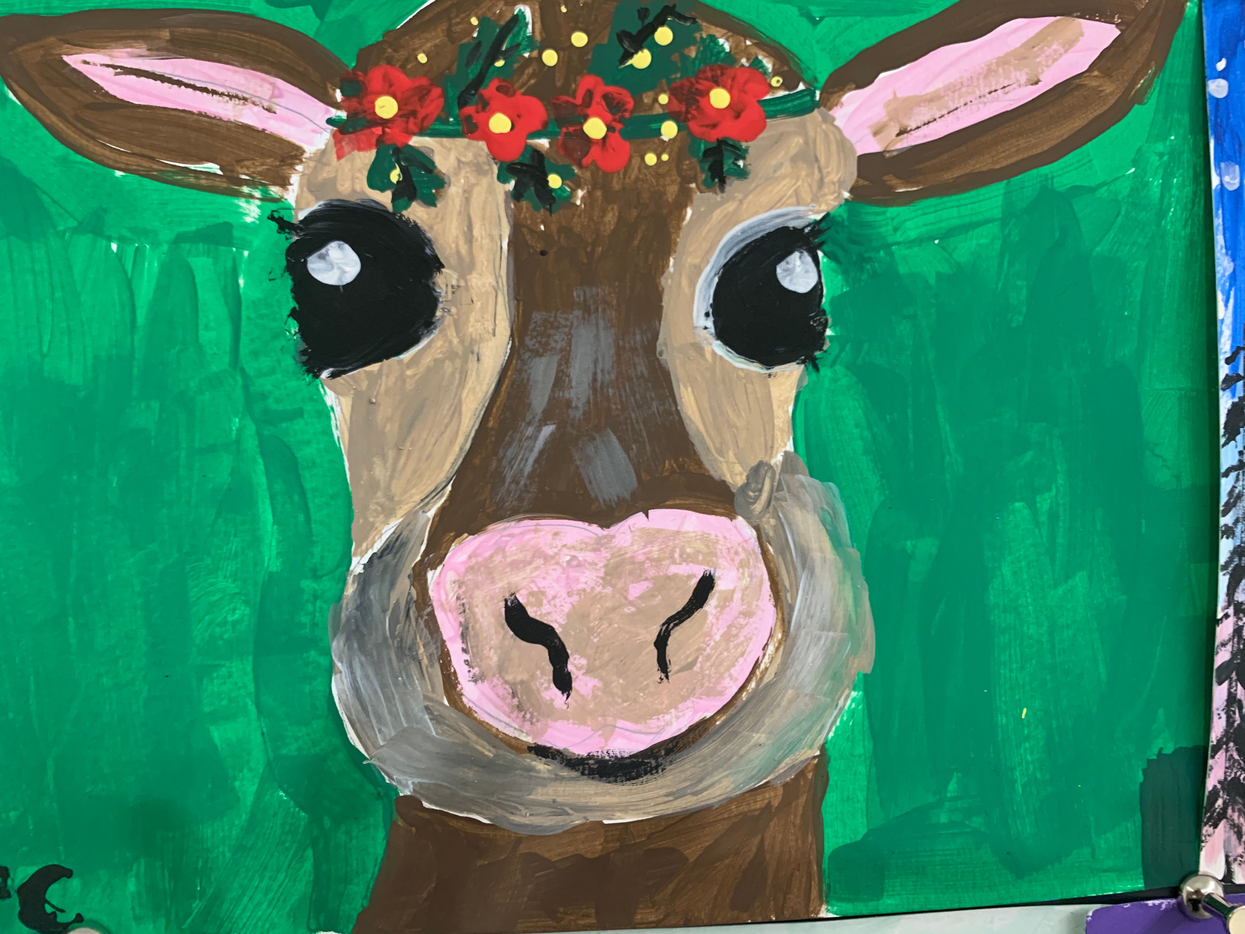 Cute Cow With Flowers Acrylic Painting With Step-By-Step Demo Paint