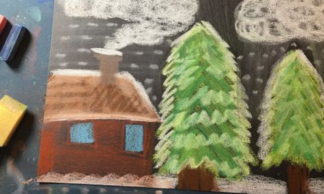 Chalk Pastels Winter Cabin By The Painting Panda Small Online