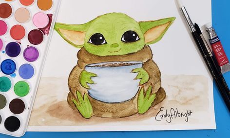Baby Yoda Grogu Watercolor Painting Step By Step Draw Paint Easy Star Wars Small Online Class For Ages 9 14 Outschool