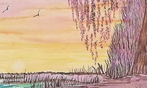 Watercolor Sunset With Marsh Painting Class Small Online Class