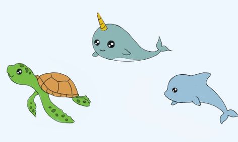 Let's Draw Cute Sea Animals Kawaii Style - Sea Turtle, Narwhal, and