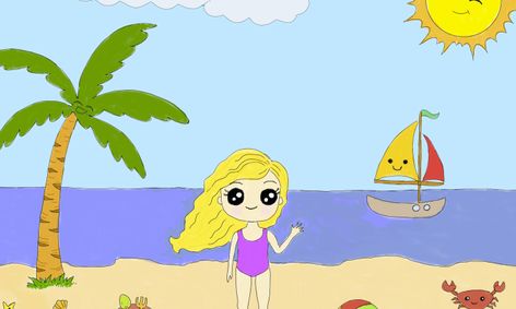 Draw A Cute Girl At A Summer Beach Scene Kawaii Style Small