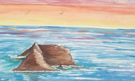 Abstract Sunset With Water And Rocks Watercolor Painting Small