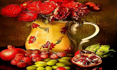 Acrylic Impressionism Painting Still Life Fruits Flowers With