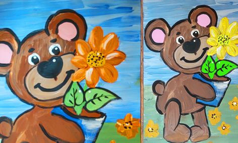Cute Bear With A Sunflower Fall Themed Acrylic Painting Step By Step Small Online Class For Ages 7 12 Outschool