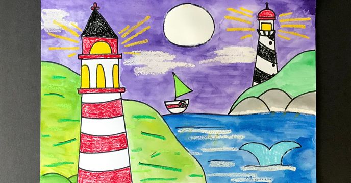描くこととペイントすること: 灯台の海の風景