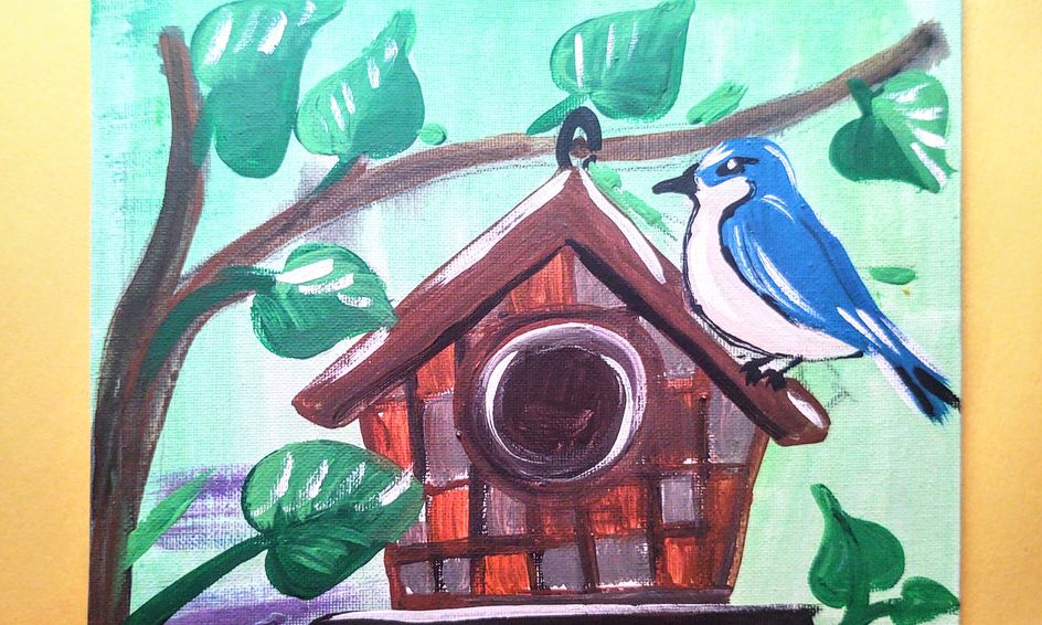 Birdhouse With A Bluebird Let Paint Together Acrylic Painting Step By Step Demo Small Online Class For Ages 7 11 Outschool