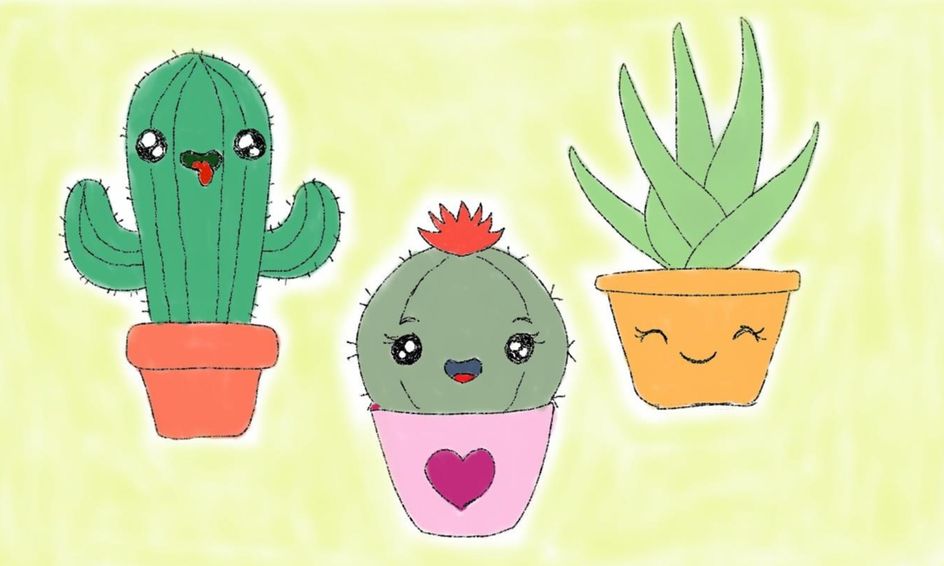 Learn to Draw Cute Plants Kawaii Style Cartoon Cactus, Flowers, and