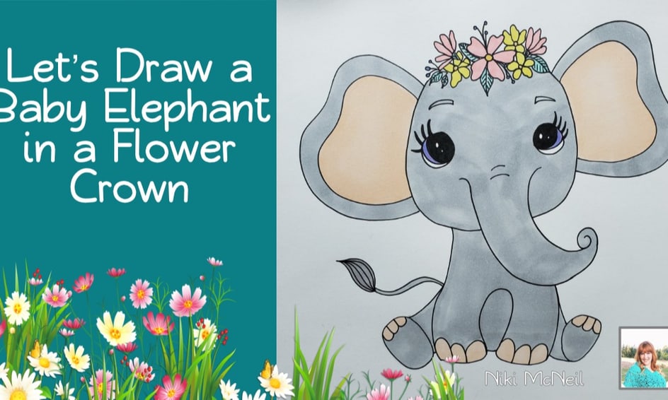 Let�s Draw a Baby Elephant in a Flower Crown Small
