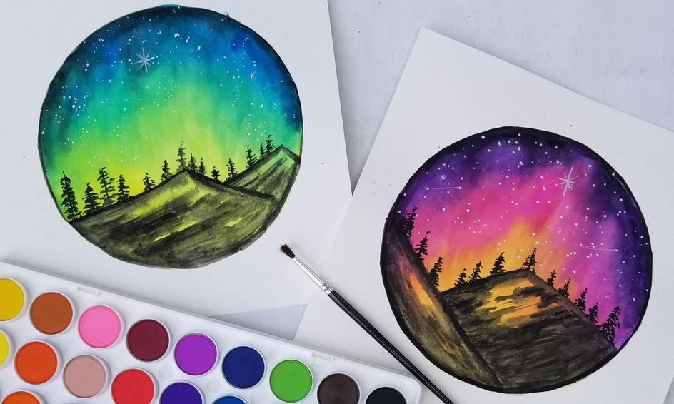 Watercolor Paint A Glowing Aurora Borealis Sky And Tree Landscape Small Online Class For Ages 10 14 Outschool