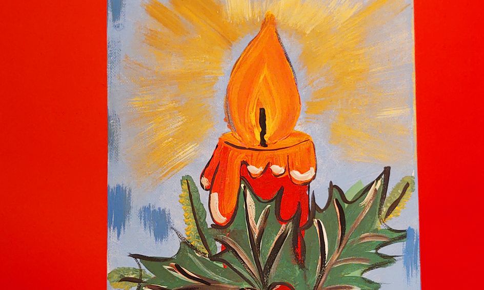 Holiday Candle With Holly Leafs Easy Acrylic Painting No Experience Necessary Small Online Class For Ages 6 11 Outschool