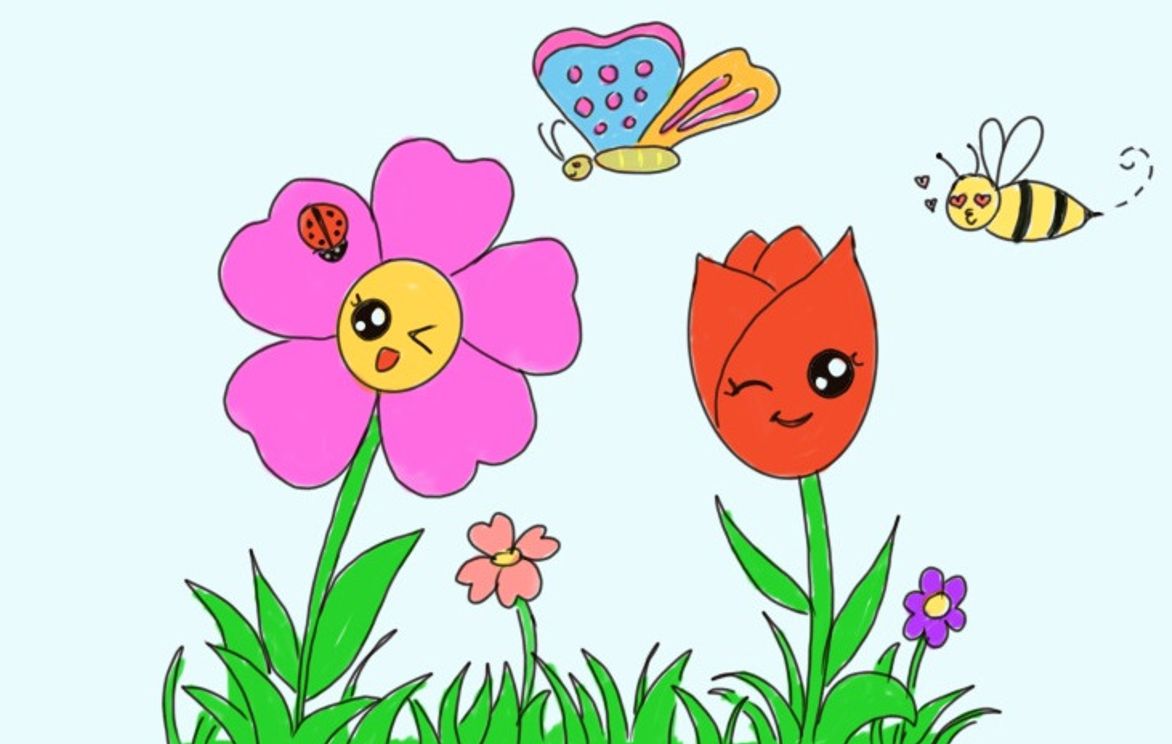 Let's Draw Cute Flowers and Bugs Kawaii Style - Spring Garden ...
