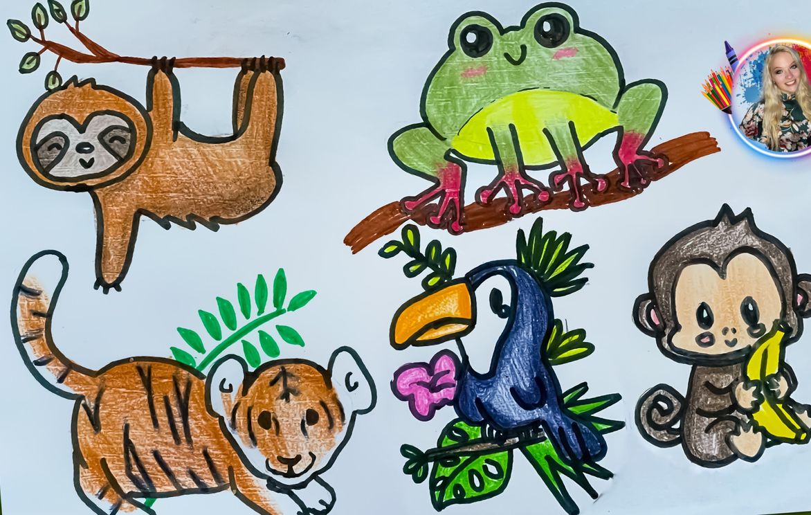 How To Draw: Cute Rainforest / Jungle Animals (Sloth, Monkey, Tiger, Frog,  Bird) | Small Online Class For Ages 8-13