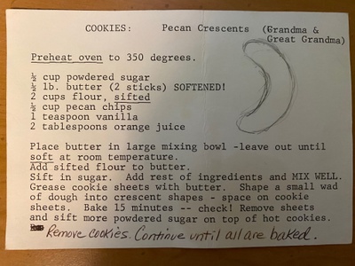 Crescent Cookie Recipe on Notecard
