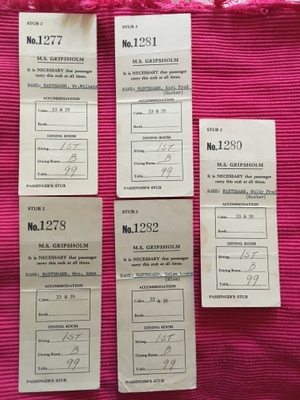 Tickets assigned to the Wartemann family for passage aboard the M.S. Gripsholm, the vessel which many families of German birth or descent found themselves on.