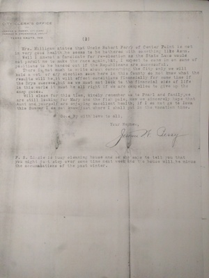 Page 2 of letter to William H. Perry in White Pigeon, Michigan, from his nephew, Jerome Perry in Terre Haute, Indiana, April 7, 1909