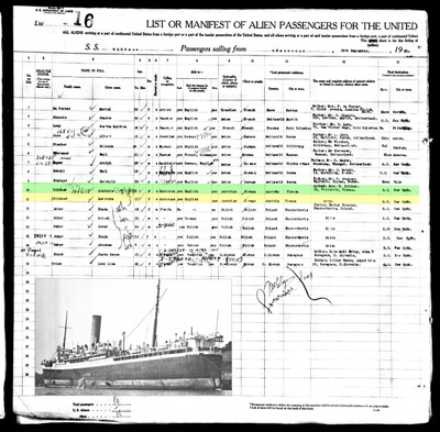 Ship manifest for Steffy's passage to NYC, 1921