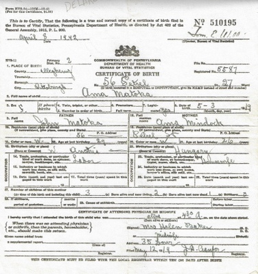 Anna Matoka's (Baba's) Birth Certificate