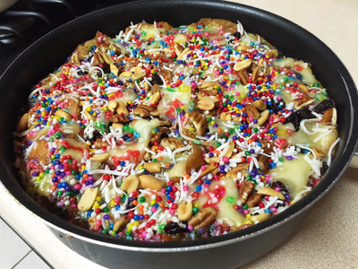 Baking pan filled with Capirotada