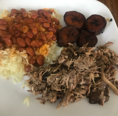Plantains, Pork, Rice and Beans
