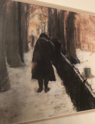 Drawing of a man walking in snow