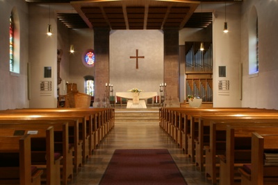 The inside of a church; the main hall.