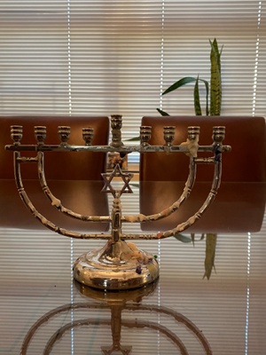 Silver menorah.