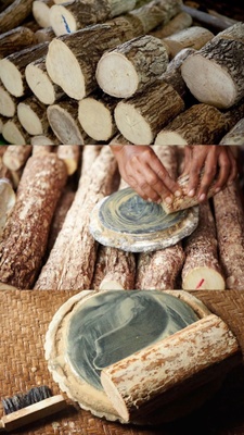 A photo of a small log of ground tree bark and a circular slate slab, which we call “Thanaka Tone” and “Kyauk Pyin.