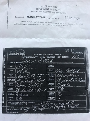 Morris' Birth Certificate, 1905