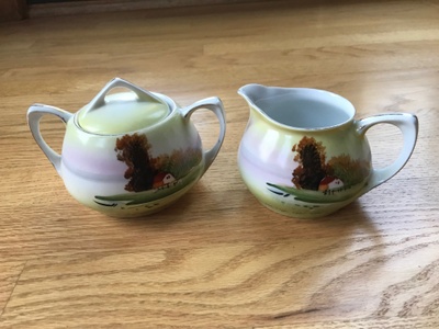 China sugar bowl and creamer with painted farm scene