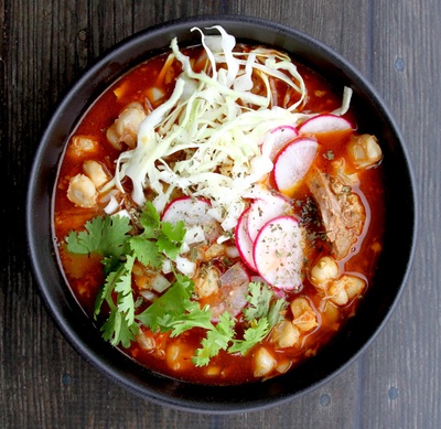 This is a bowl of Pozole a Mexican soup