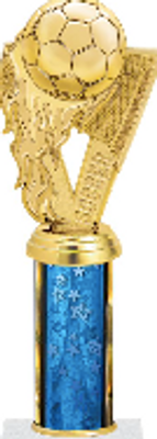 Gold soccer trophy with a blue stand 