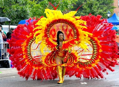 Red and yellow costume of feathers